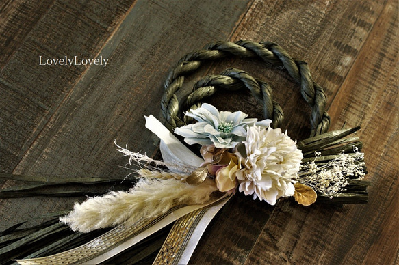 2022しめ縄 注連縄 正月飾り オリーブ色 白 水色 縄飾り しめ縄リース