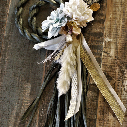 2022しめ縄 注連縄 正月飾り オリーブ色 白 水色 縄飾り しめ縄リース