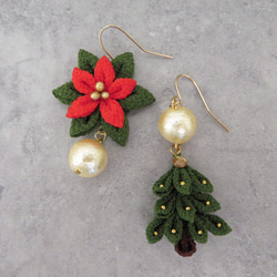 Creema限定 ＊ Tree & Poinsettia Xmasピアス つまみ細工 2枚目の画像