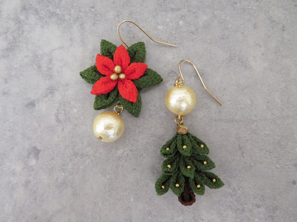 Creema限定 ＊ Tree & Poinsettia Xmasピアス つまみ細工 2枚目の画像