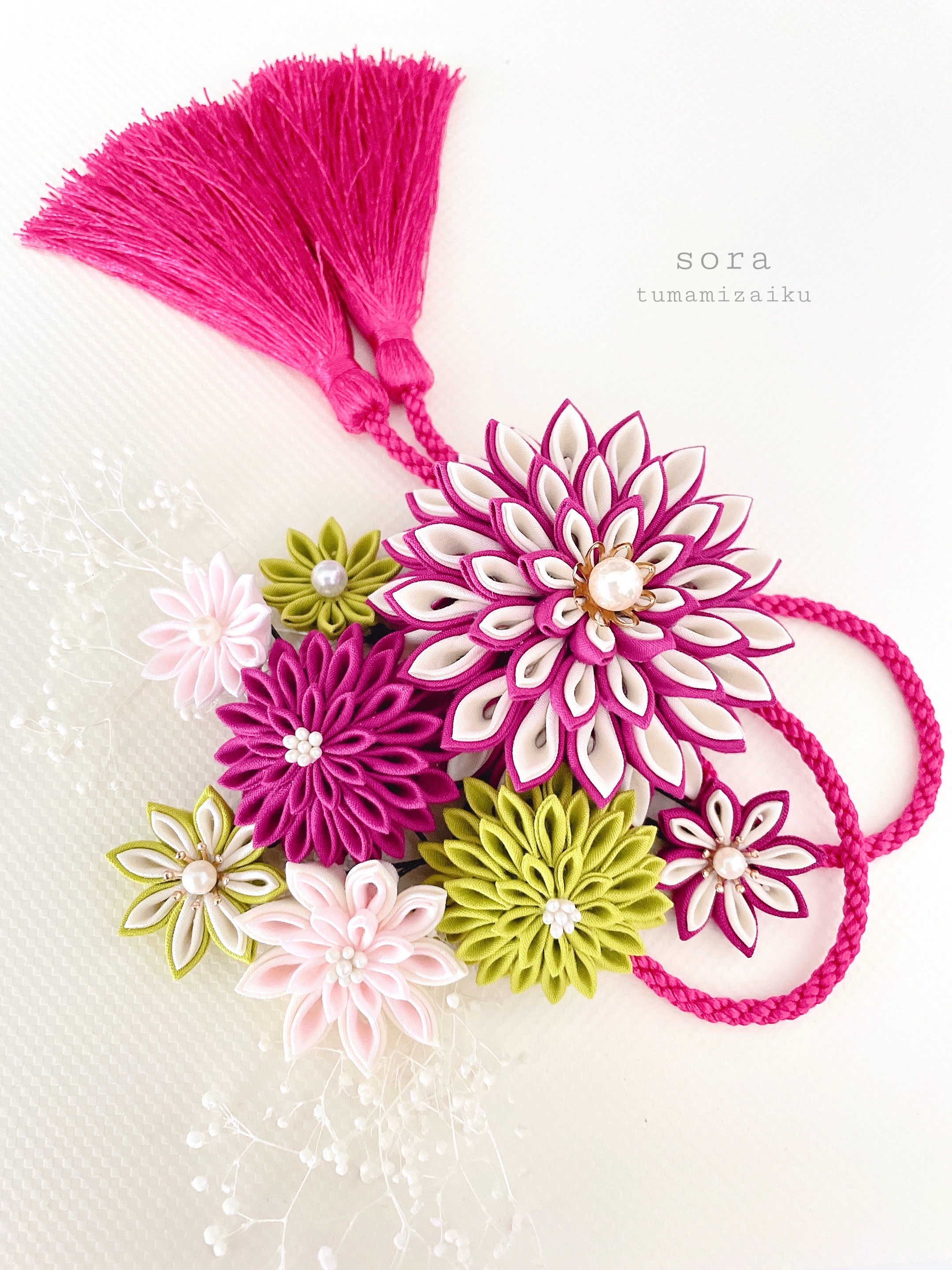 つまみ細工　髪飾り　＊レトロカラー　ピンク×シトロンイエロー＊ 成人式　卒業式　結婚式