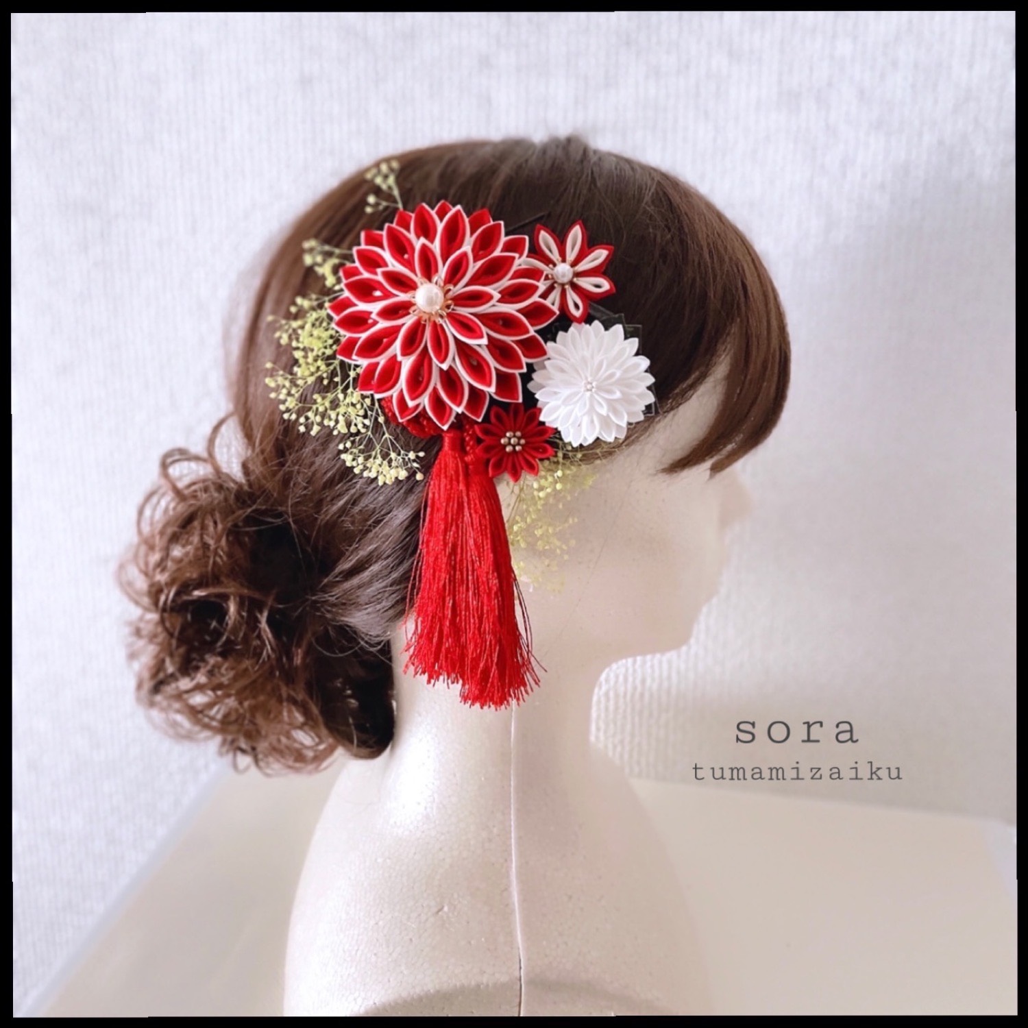 つまみ細工　髪飾り　＊紅白＊ 成人式　卒業式　七五三　結婚式　振袖