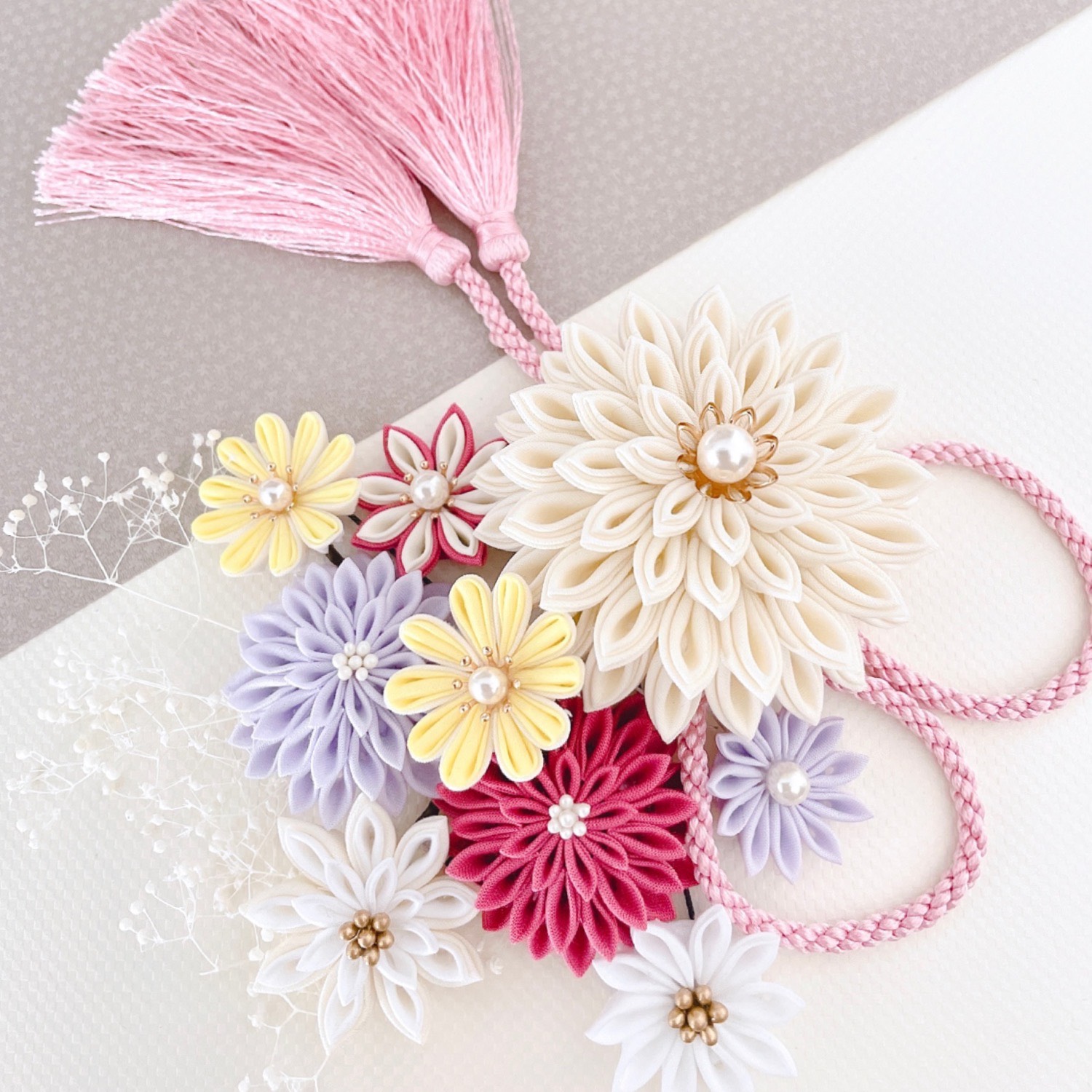 つまみ細工　髪飾り　＊ pink×purpleダブルタッセル＊成人式　卒業式　和装　ウェディング　七五三