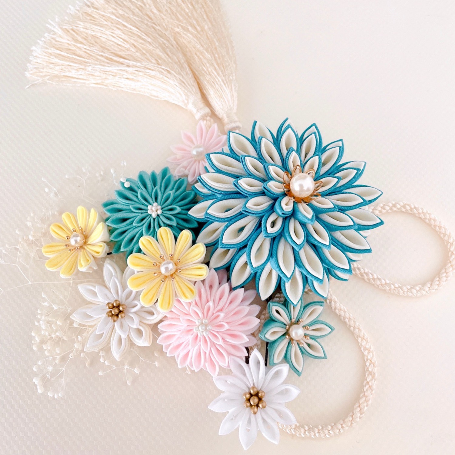 つまみ細工　髪飾り　＊ターコイズブルー× pink＊成人式　和装　卒業式　ウェディング　七五三