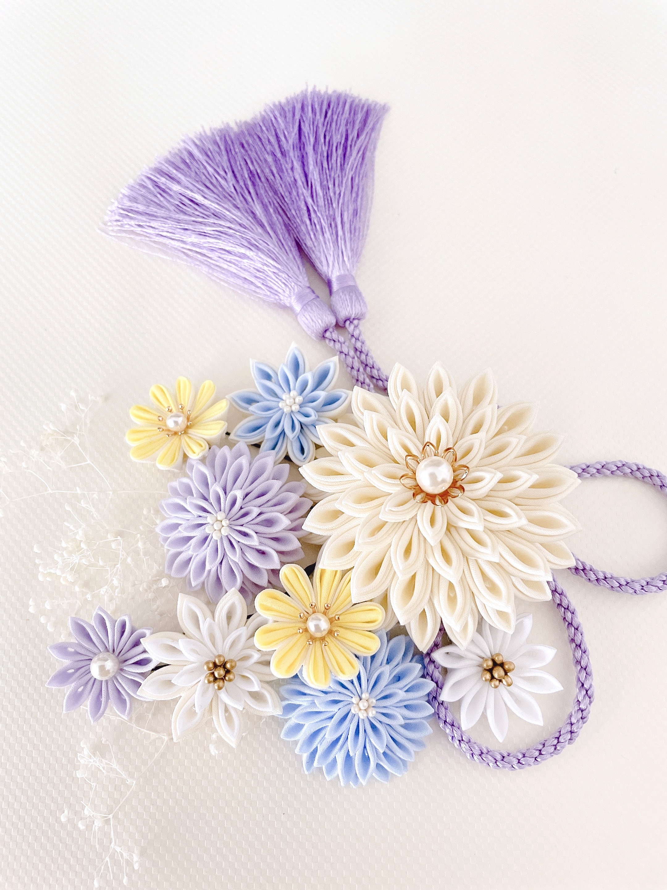 つまみ細工　髪飾り　＊blue×purpleダブルタッセル＊成人式　卒業式　和装　ウェディング　七五三