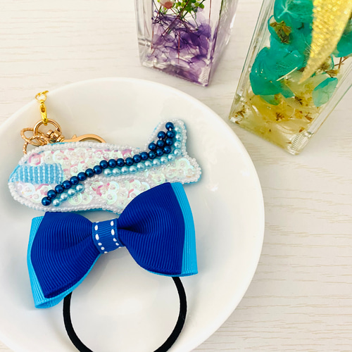 オーダー ビーズ刺繍の飛行機バッグチャーム キーホルダー amyui