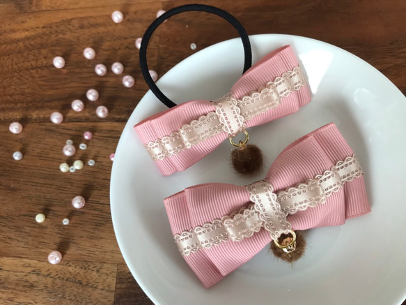 親子お揃い♡antique pinkトリプルリボンのヘアゴム 親子お揃い♡antique pinkトリプルリボンのヘアゴム