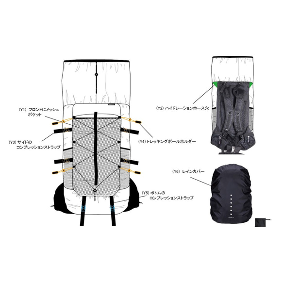 6dots超軽量Tyvekタイベック 登山バッグ 30L 40L バークマウンテン55Lバックパック 宿泊登山 日帰り登 9枚目の画像