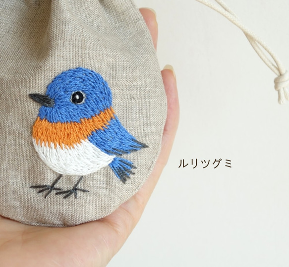 【サイズ変更可・ドネイション対応】小鳥さんの刺繍ミニリネン巾着（シリーズA) 2枚目の画像