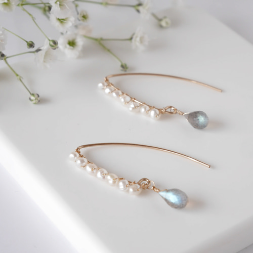 14kgf】 ～ 7粒パール×ラブラドライトのマーキスフックピアス～ ピアス 