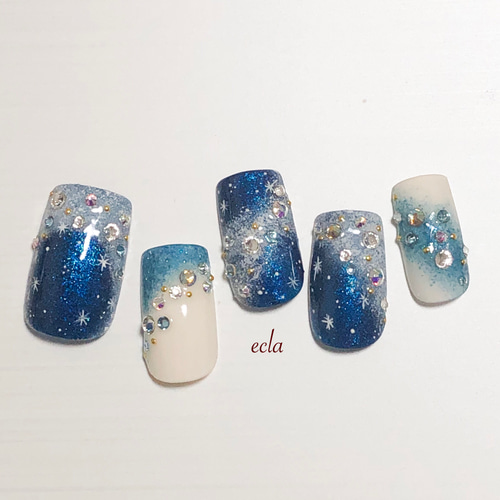 058］クリスマス/冬/結晶/星/スワロ/アート/白/ブルー/青/ラメ