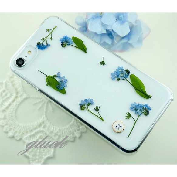 【ほぼ全機種対応スマホケース❁】わすれな草 押し花 スマホケース (オパールラメ入り） iPhone/Experia他 1枚目の画像