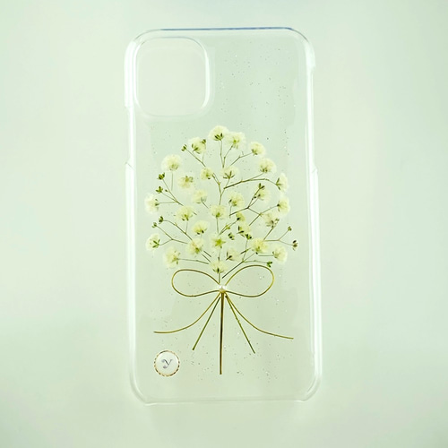 自分で選べる！ほぼ全機種対応スマホケース❁】かすみ草ブーケの押し花 
