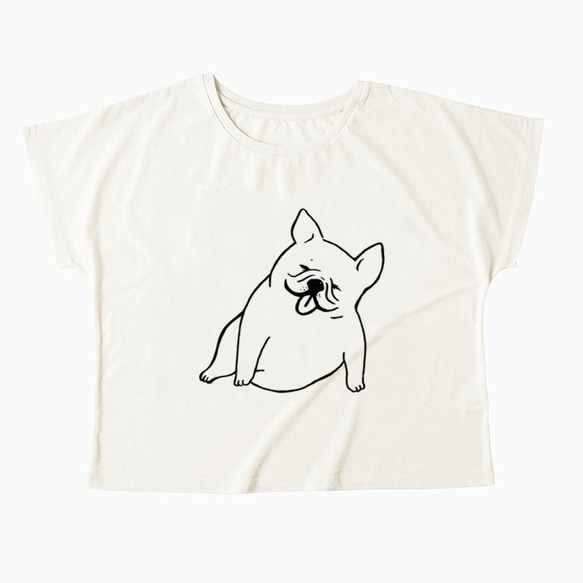 フレンチブルドッグ　お座り　ドルマンTシャツ（ホワイト）　犬 2枚目の画像