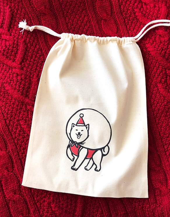 [聖誕節]柴犬包裹聖誕禮物的束口袋/聖誕禮物 第1張的照片