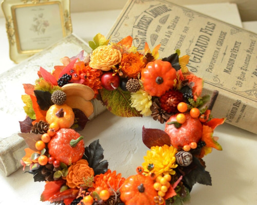 おばけパンプキン＆木の実たくさんの　オレンジ系ハロウィン造花リース 再販】ハロウィンリース・収穫の秋♪パンプキンと秋の木の実ポップ