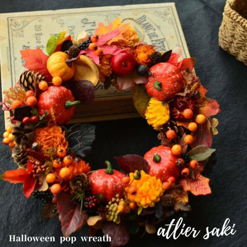 再販】ハロウィンリース・収穫の秋♪パンプキンと秋の木の実ポップ