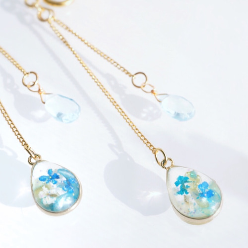 ブルートパーズとぺりドット花のイヤリングピアス キラキラ2粒で4.8ct〜スカイブルートパーズの1粒イヤリング
