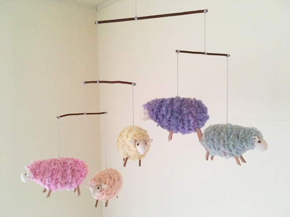もふもふ毛糸の羊モビール コットンキャンディ 5枚目の画像