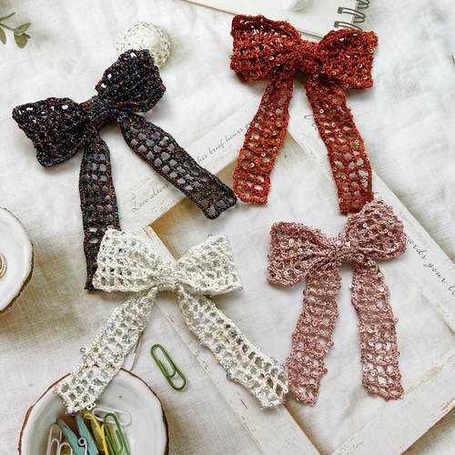 レース編みリボン ヘアピン おしゃれな北欧風 クールカラー系 ヘアピン