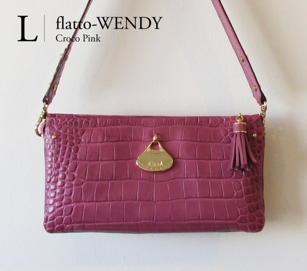 クロコ型押し牛革のお財布ショルダーバッグ【flatto-WENDY(大)・ピンク】