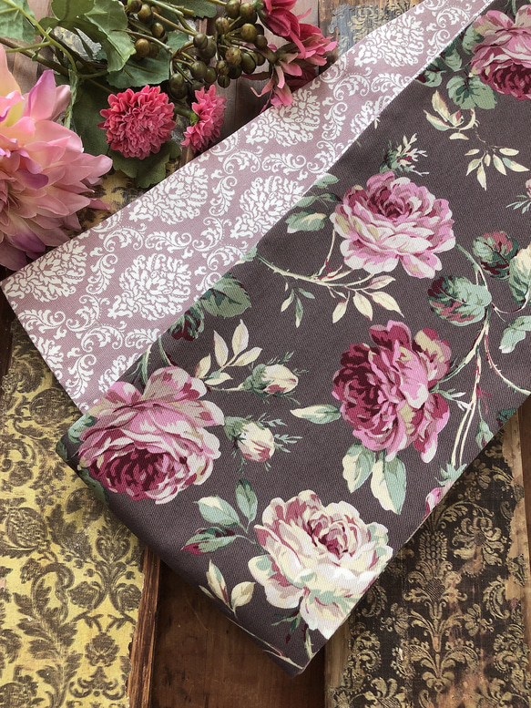 MO-3277 半幅帯 洗える帯 リバーシブル 薔薇 麻の葉 モノトーン 紅樺色 MO-3277 半幅帯 洗える帯 リバーシブル 薔薇 麻の葉 モノトーン