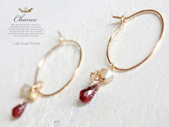 Chance 14KGF pierced earrings Garnet/フープピアス・ガーネット 2枚目の画像