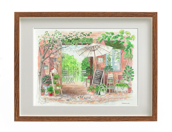 ☆受注制作 グリーンカフェ 30×40 ＊額装付き水彩画原画 ＊送料無料