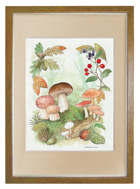 きのこの森 ＊額装付き手描き水彩画 ＊送料無料 絵画 うるちま