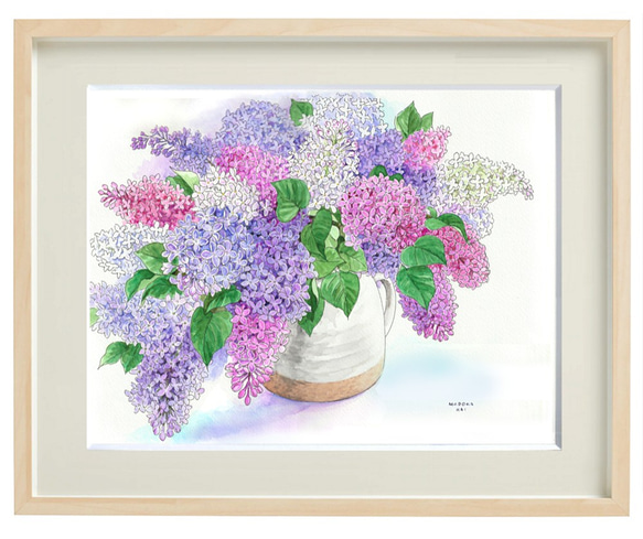 ライラックの季節 40×50cm＊額装付き手描き水彩画＊送料無料 絵画