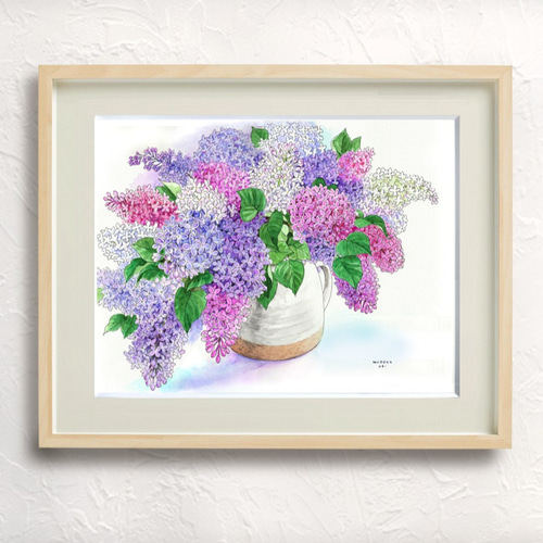 ライラックの季節 40×50cm＊額装付き手描き水彩画＊送料無料 絵画