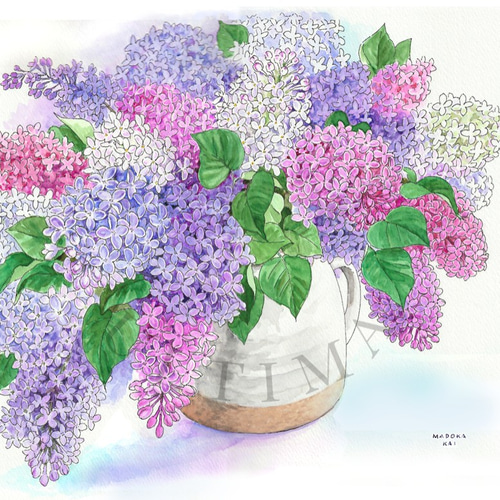 ライラックの季節 40×50cm＊額装付き手描き水彩画＊送料無料 絵画