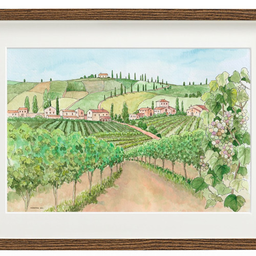 葡萄畑の風景 30×40cm ☆額縁選べる2色 ＊額装付き手書き水彩原画