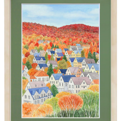 ニューイングランドの秋 30×40cm ☆マットカラーは選べる２色　＊額装付き手書き水彩原画　＊送料無料 2枚目の画像