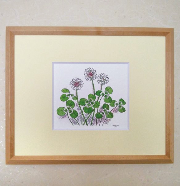 シロツメクサ～幸せの四つ葉のクローバー / 春の野の花シリーズ ＊額装