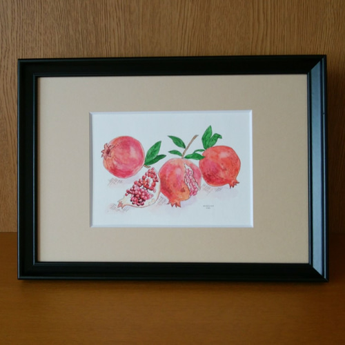 ざくろ / 果実シリーズ ＊額装付き手描き水彩画＊ 送料無料 絵画