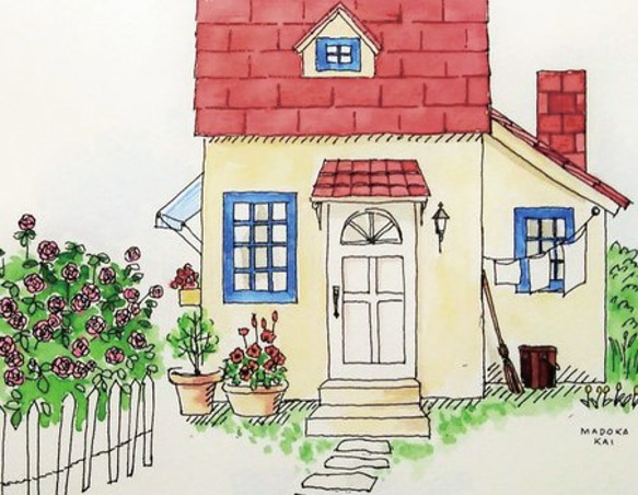 ♥お値下げ 幸せの赤い屋根の家 / お家シリーズ ＊額装付き手描き