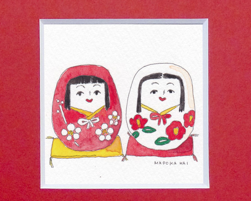 招福姫だるま（椿赤） / 縁起物シリーズ ＊マット額付き手描き水彩画