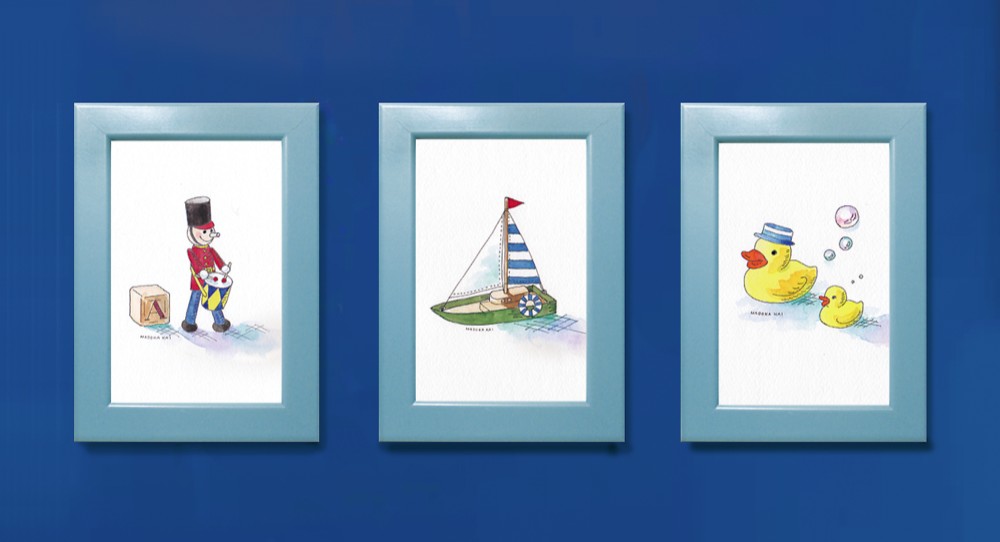 子供のためのイラスト選べる3点セット（男の子向け）/ 額付き原画　送料無料