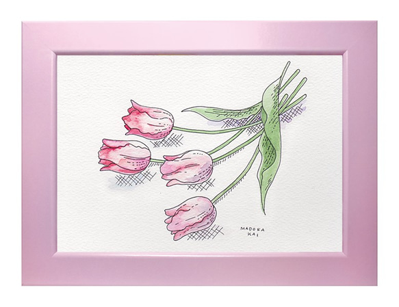 チューリップ E (ピンク横4本）＊額付きイラスト原画 ＊送料無料