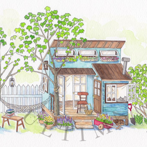 水彩アート「花満開」1点物、手書き真筆。送料無料。 絵画
