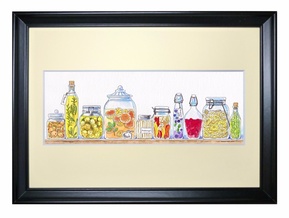 ☆受注制作 色とりどり！自家製瓶詰たち　＊額装付き手書き水彩原画＊　送料無料 8,580円