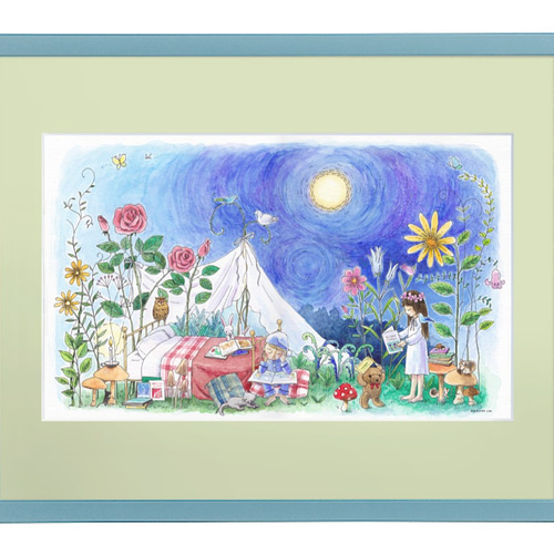 月夜の絵本 ＊額装付き水彩画原画 ＊送料無料 絵画 うるちま企画
