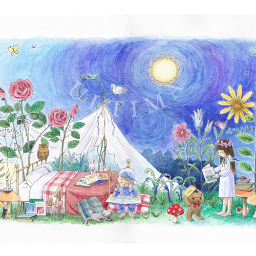 月夜の絵本 *額装付き水彩画原画 *送料無料 絵画 うるちま企画 月夜の絵本 *額装付き水彩画原画 *送料無料 絵画 うるちま企画