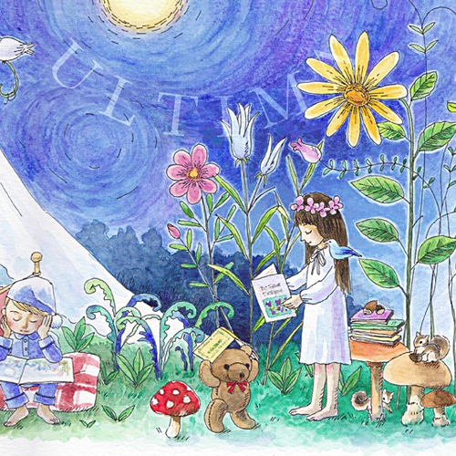 月夜のホゥホゥさん (size8x10) 小さな絵 原画 水彩画