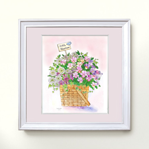 今年も話題の ☆受注制作 水彩画原画 寄せ植えシリーズ / newビオラバスケット 絵画