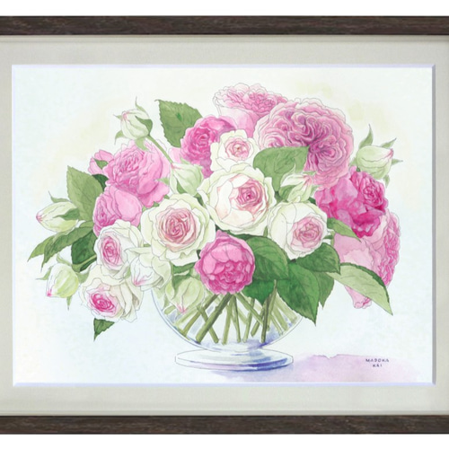 ☆受注制作 ローズのガラス花瓶30×40 額装付水彩画原画(額縁2種