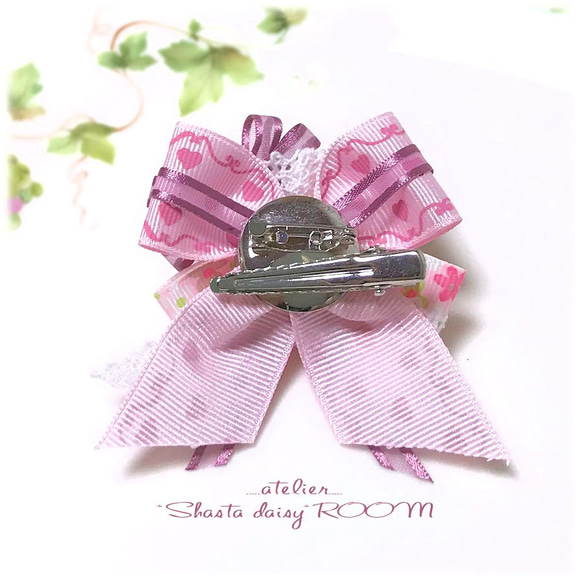 編み花とリボンのブローチ＆ヘアクリップ ２way 可愛い ピンク レース　キッズ ドールアクセ 子供用 発表会 晴れの日 5枚目の画像