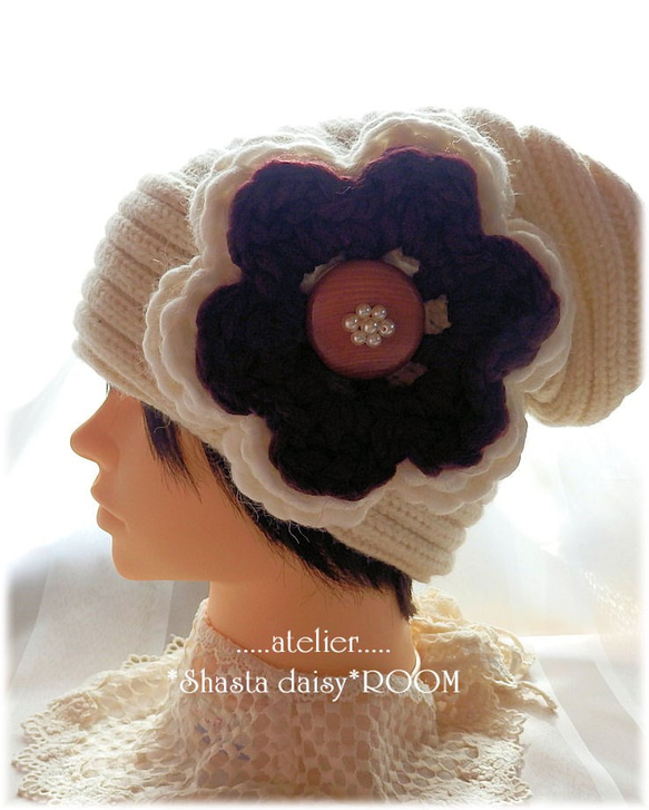 手编 Wool Yarn Flower Brooch*Big size*Offwhite×Brown 第1張的照片