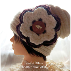 手编 Wool Yarn Flower Brooch*Big size*Brown×Offwhite*Ⅰ 第1張的照片